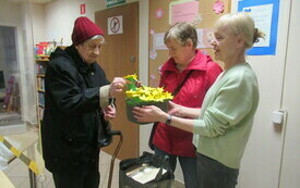 Trzy starsze kobiety. Jena z kobiet trzyma kosz z papierowymi żonkilami, dwie pozostałe wyciągają kwiaty z koszyka. 