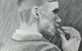 Obraz przedstawiający odwr&oacute;coną bokiem postać mężczyzny trzymającego w ustach papierosa. 