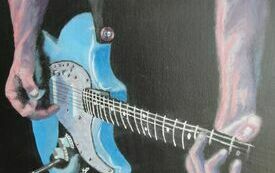 Obraz przedstawiający postać grającą na gitarze elektrycznej. Gitara w kolorze niebieskim. 