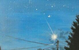 Obraz przedstawiający niebo nocą. W tle świecąca lampa uliczna oraz sieć kabli elektrycznych rozciągających się nad domem i drzewami.