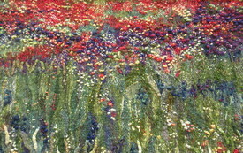 Zbliżenie na kolorowy gobelin z motywem kwiatowym