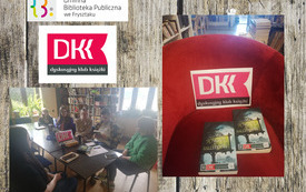 Książki, logo DKK i w sali uczestnicy spotkania.