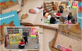 Kolaż zdjęć, na którym widać ksiązki dla dzieci, planszę z mapą.