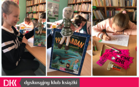 Kolaż zdjęć. Okładka książki dla dzieci, lalka, zakładki DKK. Kilka dziewczynek rysuje kledkami. 