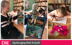 Kolaż zdjęć. Okładka książki dla dzieci, lalka, zakładki DKK. Kilka dziewczynek rysuje kledkami.