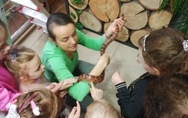 Dzieci oglądają z bliska węża.