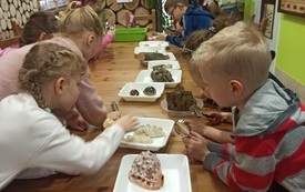 Na stole w pojemnikach r&oacute;żne rodzaje materiał&oacute;w np. muszli, kawałk&oacute;w drewna. Dzieci oglądają je przez lupę. 