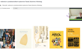 Zrzut ekranu z webinarium, widoczne na nim okładki książek