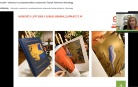 Zrzut ekranu z webinarium, widoczne slajdy z okładkami książek