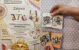 Plakat promujący spotkanie i cztery kartki wykonane metodą  scrapbookingową