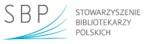 Napis Stowarzyszenie Bibliotekarzy Polskich, obok cztery niebieskie linie ułożone na kształt kartek otwartej poł&oacute;wki książki.