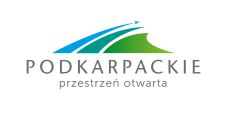 Logo województwa podkarpackiego – stylizowane niebiesko-zielone linie symbolizujące krajobraz, poniżej napis: Podkarpackie, przestrzeń otwarta