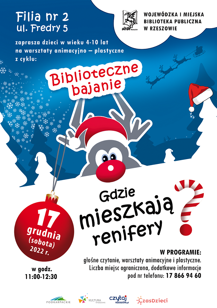 gdzie mieszkają renifery Renifer w czerwonej czapce w zimowym krajobrazie