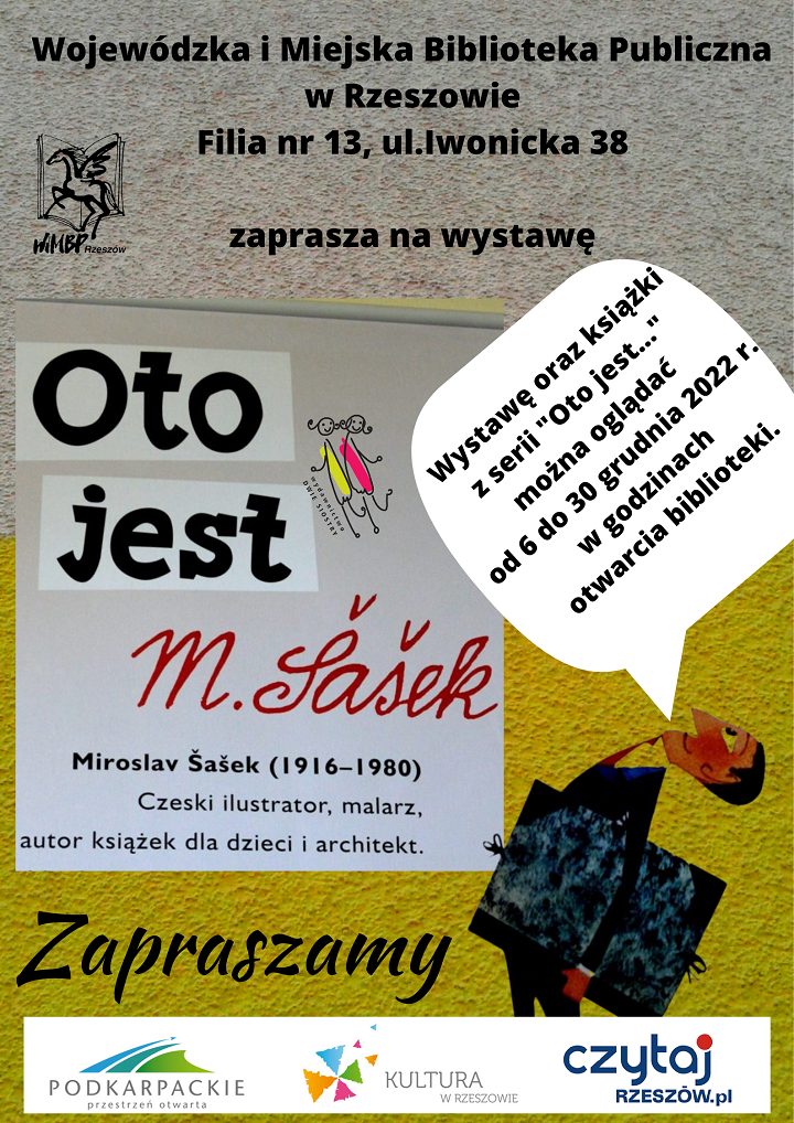 Rysunek mężczyzny z książką pod pachą oraz informacje o wystawie ilustracji zatytułowanej Oto jest