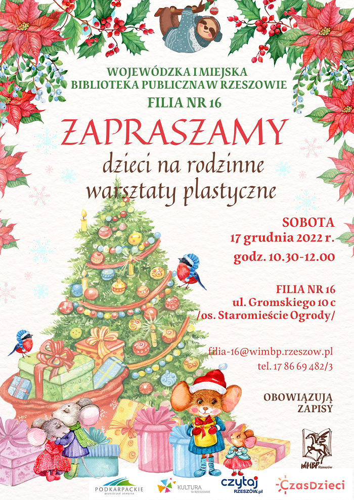 Kolorowa choinka, pod nią prezenty i rodzina bajkowych myszek