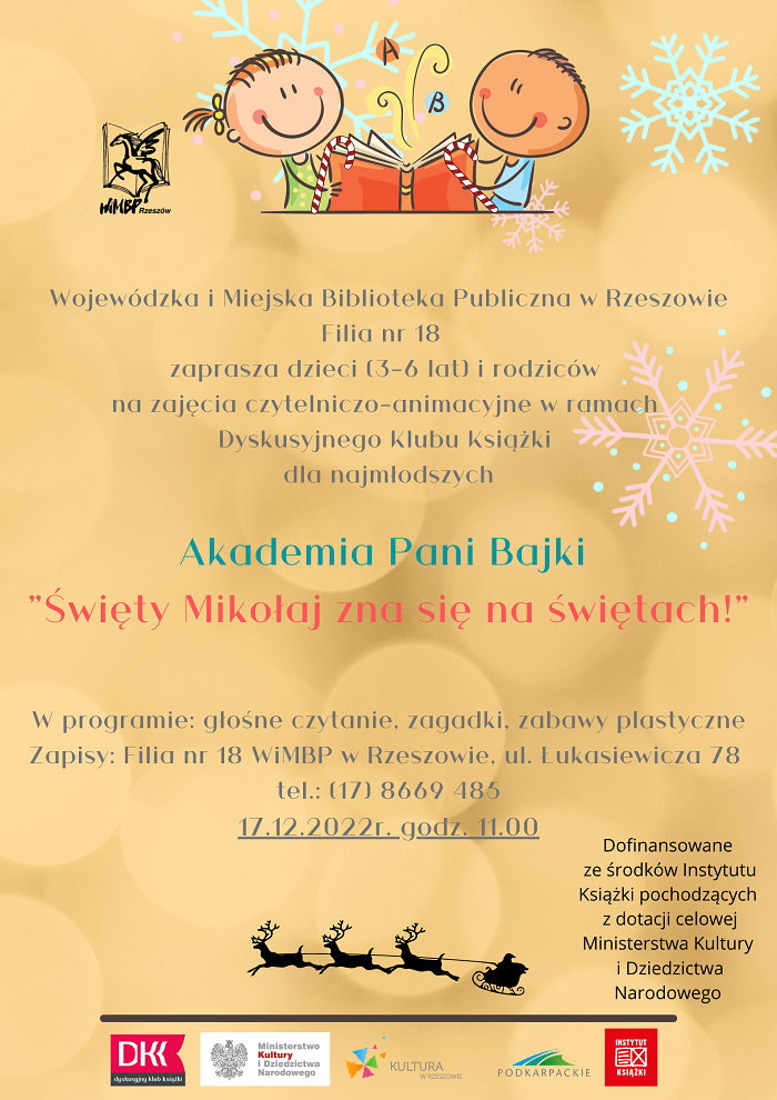 Rysunkowe postaci dzieci czytających książkę, wokół kolorowe śnieżynki