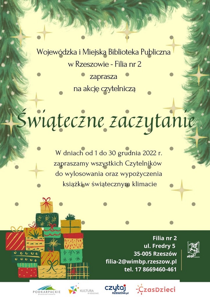 Na żółtym tle zielony napis Świąteczne zaczytanie