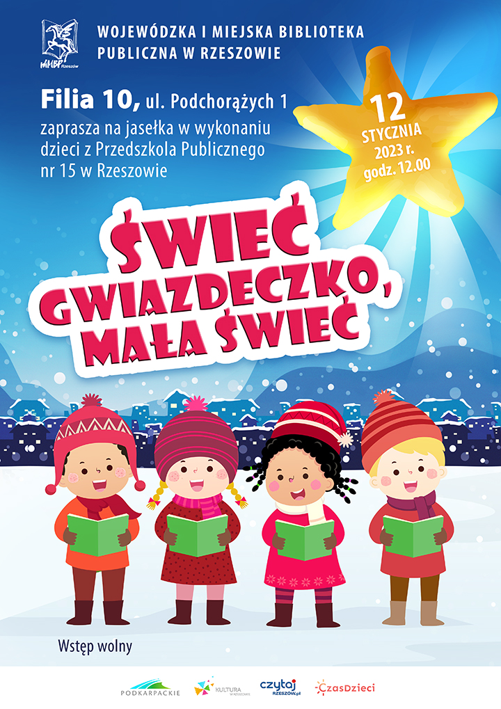 Wielka, złota gwiazda, a pod nią czworo dzieci w kolorowych strojach
