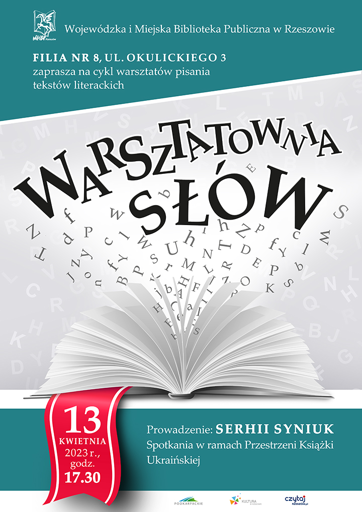 Otwarta książka z rozłożonymi w wachlarz stronami oraz unoszącymi się literami