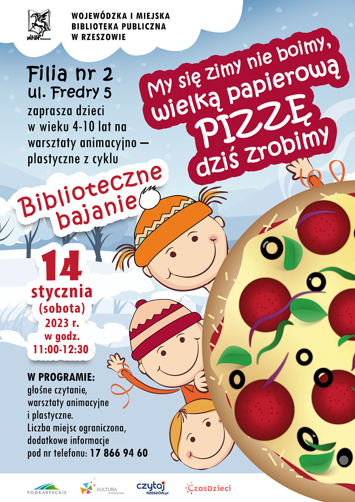 Troje dzieci wygląda zza okrągłej pizzy