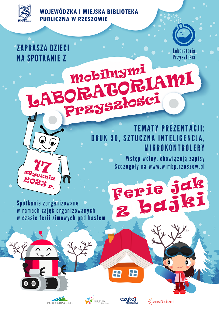 Rysunkowe postaci dziewczynki i robotów w zimowym krajobrazie