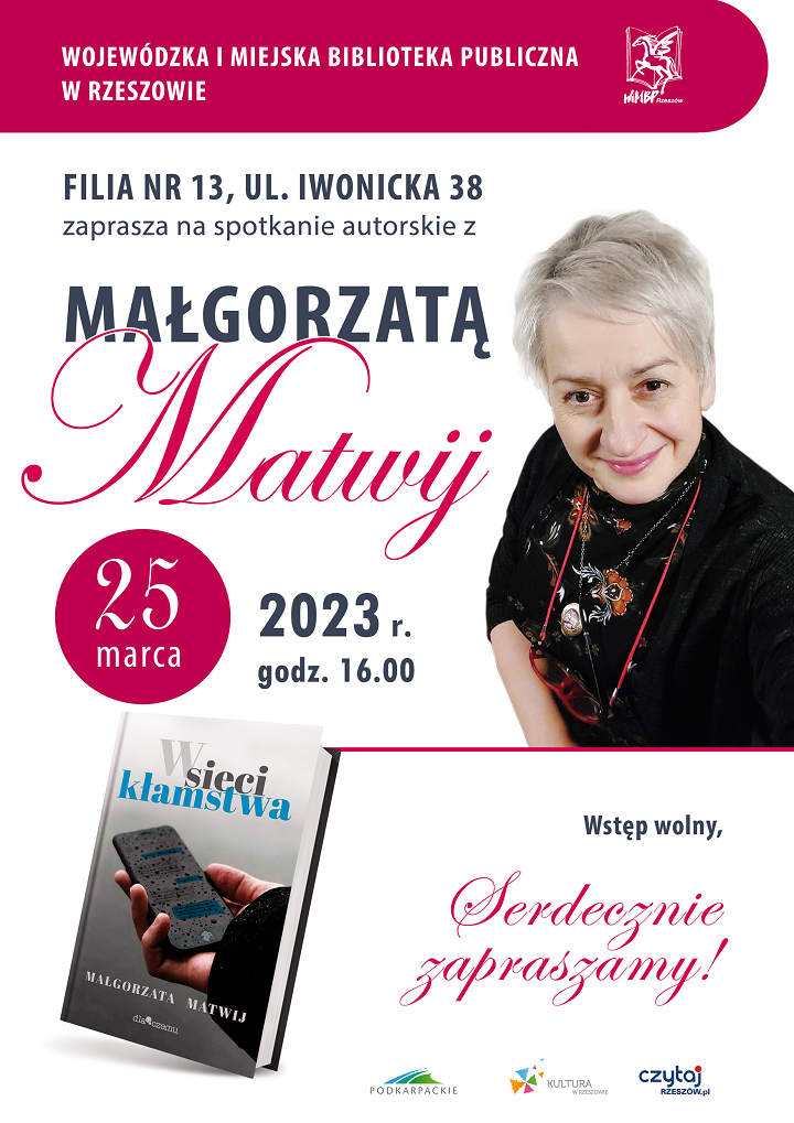 plakat informujący o spotkaniu autorskim, na grafice zdjęcie pisarki oraz okładka książki