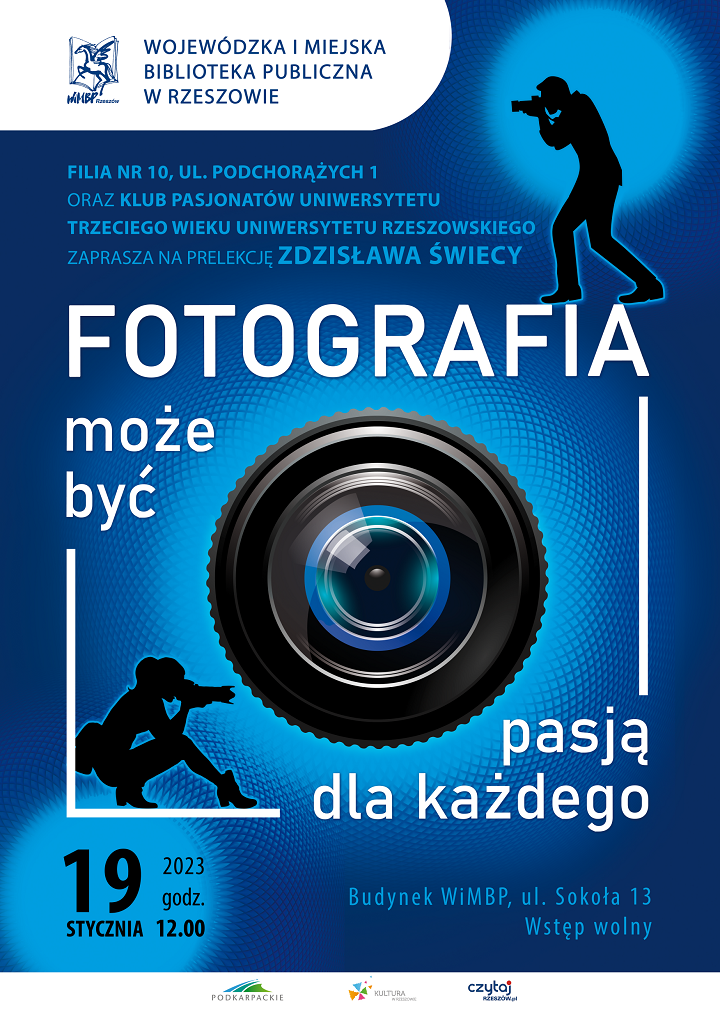 Na środku plakatu obiektyw aparatu fotograficznego, po bokach sylwetki kobiety i mężczyzny z aparatami