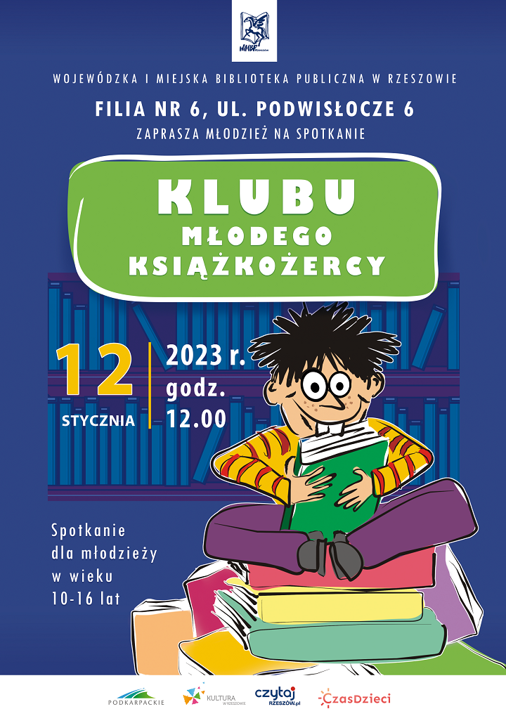 Rysunek chłopca siedzącego na stercie książek i próbującego ugryźć książkę