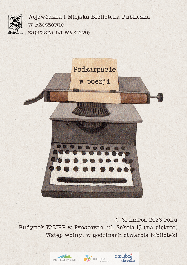plakat informujący o wystawie, grafika przedstawiająca maszynę do pisania