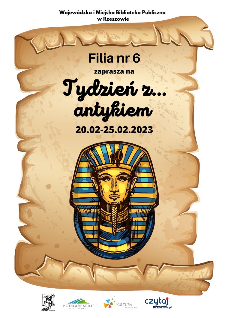 Plakat stylizowany na kartkę papirusu z wizerunkiem egipskiego sarkofagu