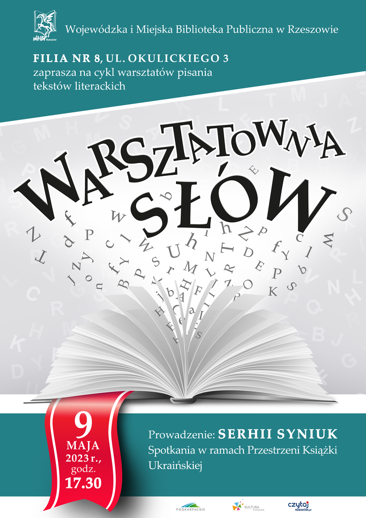 Otwarta książka z rozłożonymi w wachlarz stronami oraz unoszącymi się literami