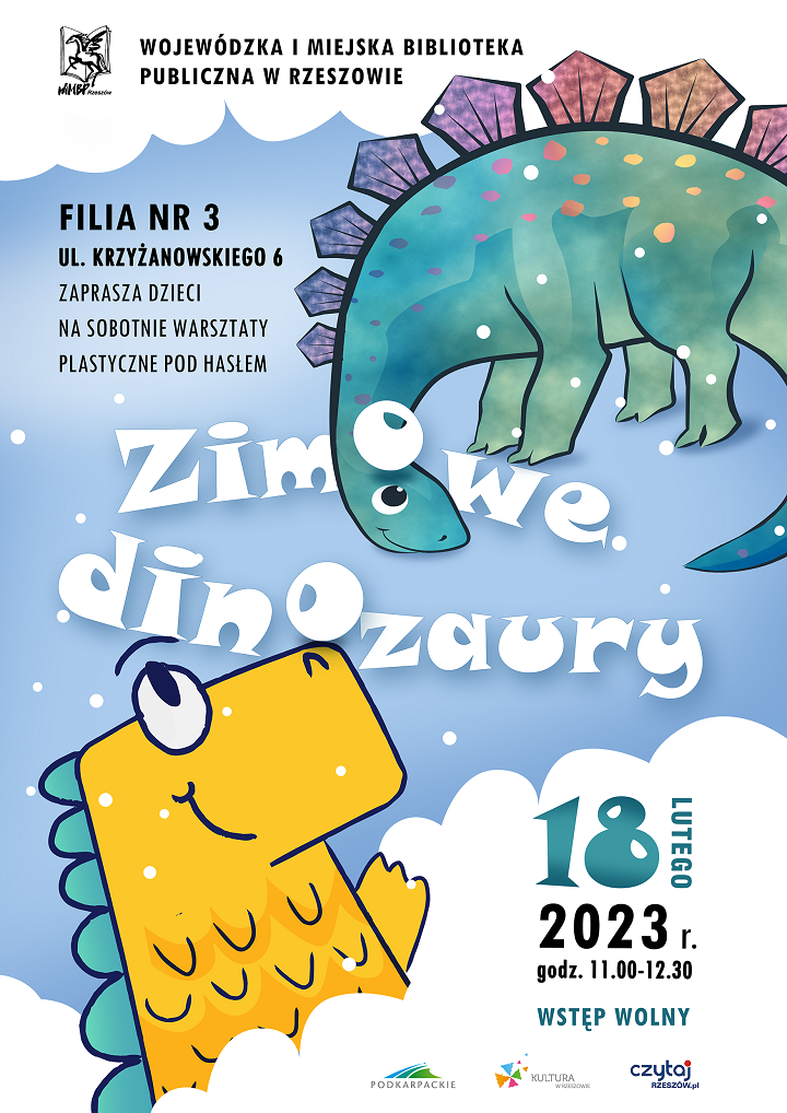 Dwa dinozaury. Na górze plakatu dinozaur zielono-fioletowy, na dole żółto-zielony