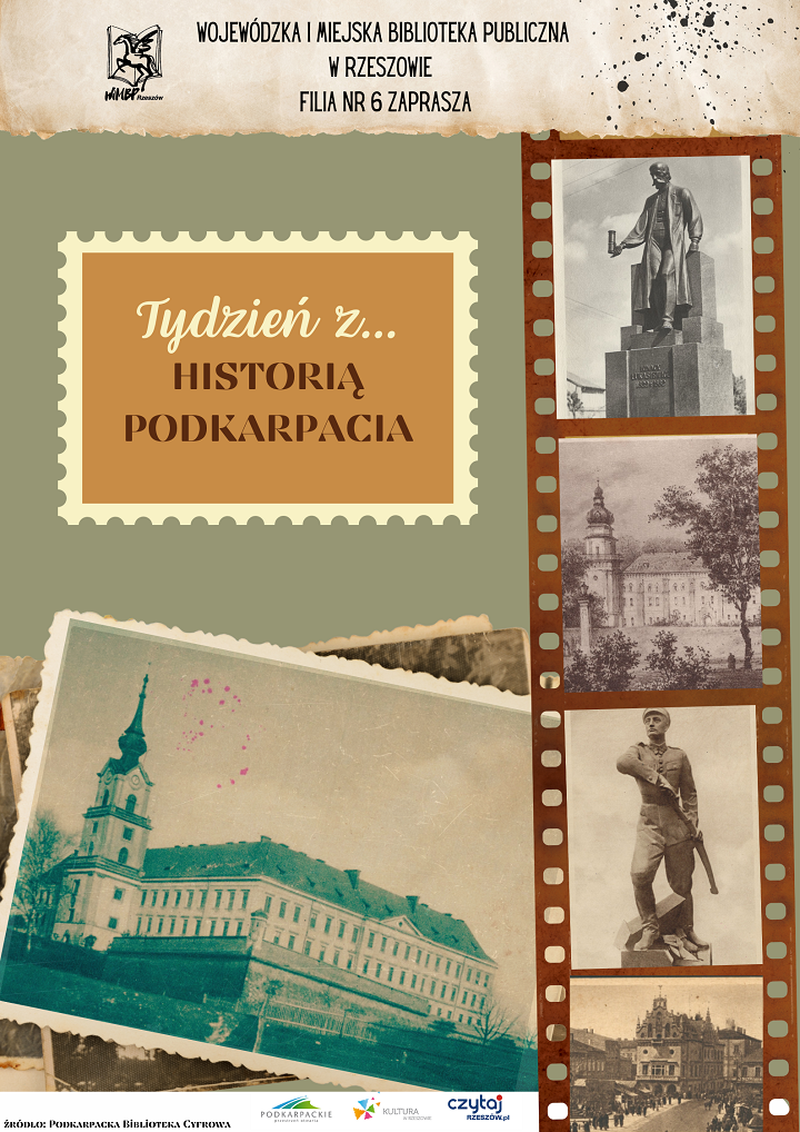 Kompozycja ze starych pocztówek z widokami z miast Podkarpacia w kolarach sepii