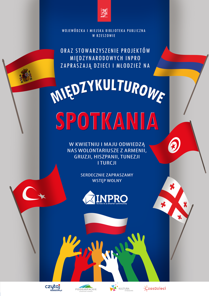 Flaga Armenii, Gruzji, Hiszpanii, Tunezji, Turcji i Polski. Poniżej sześć wyciągniętych do góry dłoni w różnych kolorach.