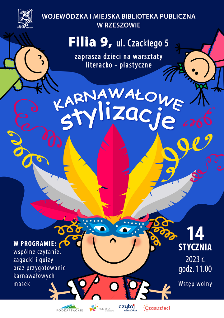 Rysunek dziecka w masce karnawałowej i kolorowym pióropuszu na głowie