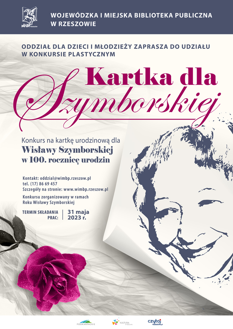 Zagięta kartka ze szkicem twarzy Wisławy Szymborskiej, obok kwiat róży. 