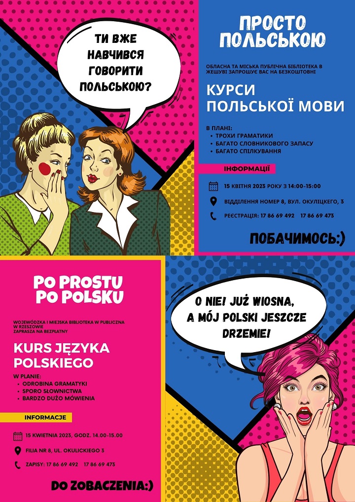 Rysunki w stylu komiksu, a na nich kobiety, które zastanawiają się nad nauką języka polskiego