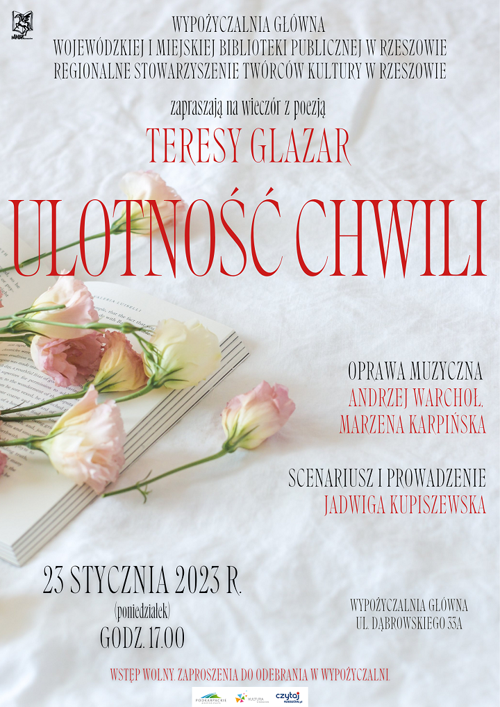 Plakat zawiera informacje o wydarzeniu oraz obraz otwartej książki, na której leżą różowe kwiaty