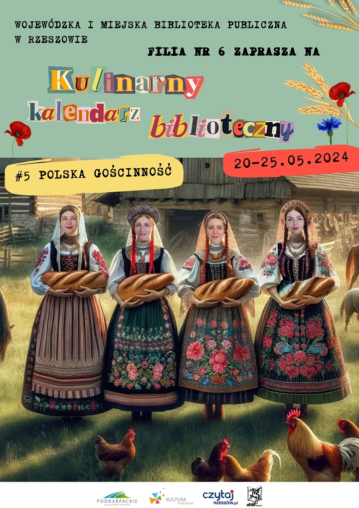 Cztery kobiety w strojach ludowych stojąc trzymając w ramionach bochenki chleba. Obok nich spacerują kury