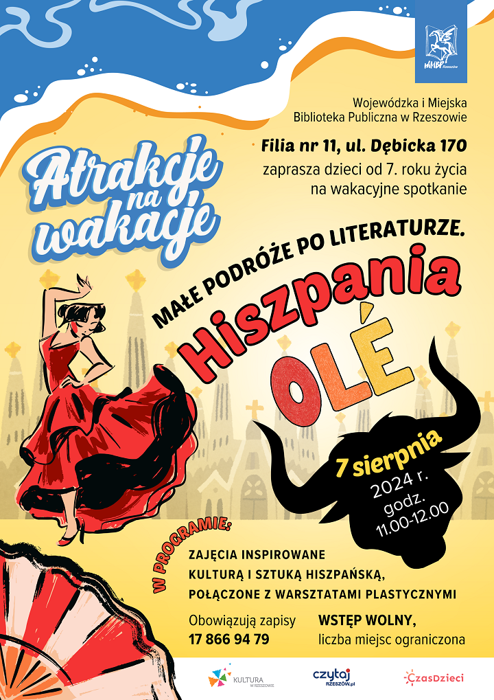 Plakat przedstawia kobietę tańczącą flamenco, budynek katedry, wachlarz i postać byka z rogami.