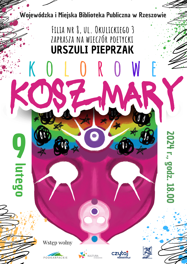 Kolorowy plakat. Maska z trzema oczami. Po bokach graffiti.