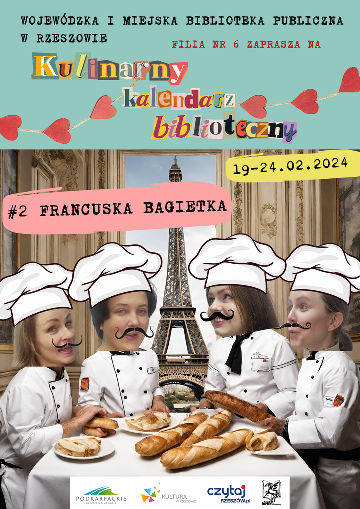 Cztery kobiety w stroju kucharza siedzą przy stoliku pełnym bagietek. W tle Wieża Eiffla