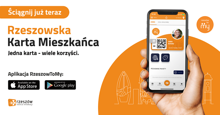 Smartfon z aplikacją, w tle budynki Rzeszowa.