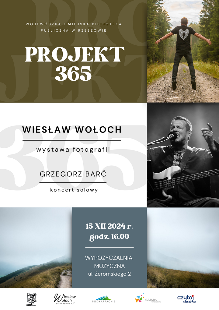 Trzy fotografie, mężczyzna na drodze, mężczyzna z gitarą oraz szczyt góry.