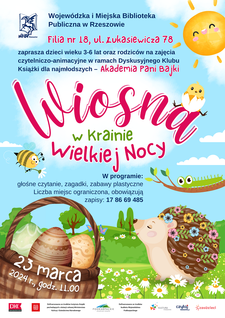 Wiosna na grafice. Trawa, drzewa, kwiaty. Koszyk z pisankami, jeż z kwiatami, kurczak, pszczoła, słoneczko, gąsienica, motylki. 