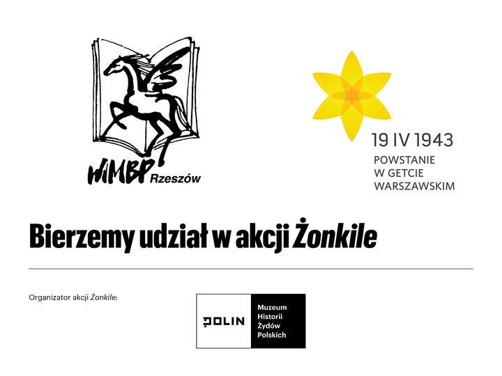 Żonkil i Logotyp biblioteki przedstawiający książkę i pegaza