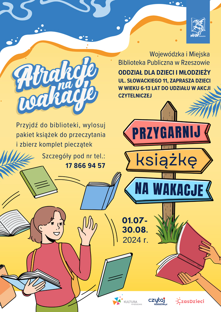 Na grafice dziewczyna z plecakiem, wokół niej książki. Drogowskaz drewniany po prawej stronie.