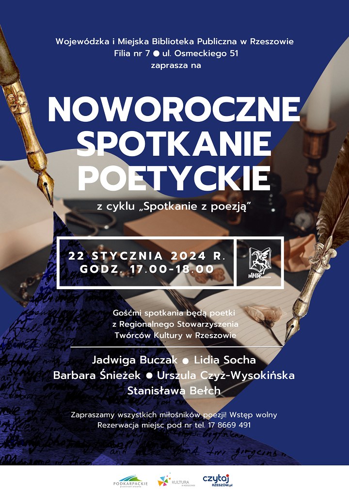 Na plakacie widać kartki papieru w linię, wieczne pióra, suszone kwiaty i świece