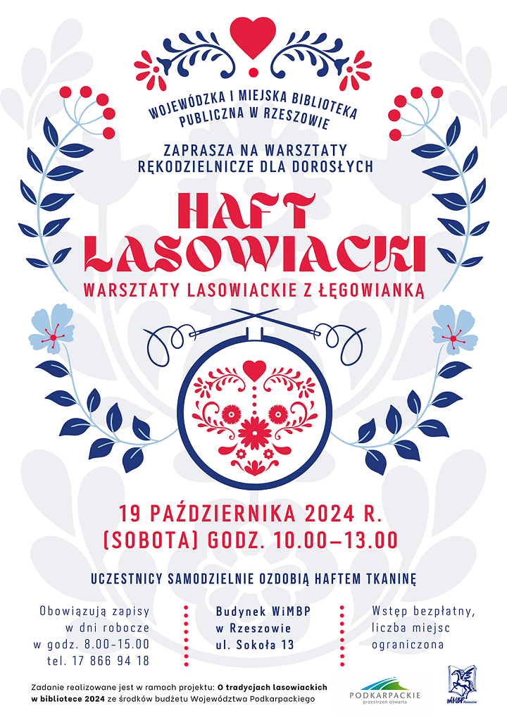 Czerwono-niebieski plakat z roślinnym motywem lasowiackim