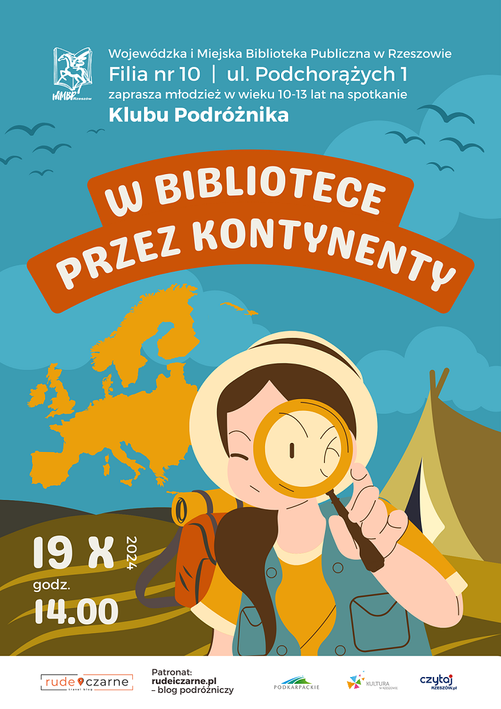 Rysunkowa postać dziewczynki w stroju podróżnym, w tle namiot